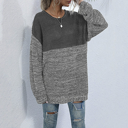 Oversized Color-Block Knit Sweater with Crewneck