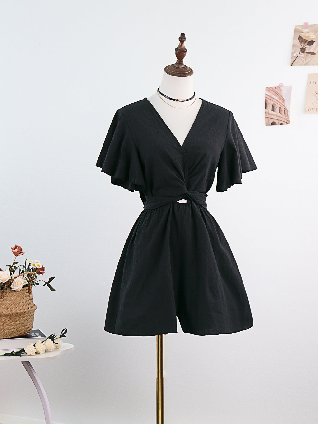 Wide-Leg Romper with V-Neck and Flutter Sleeves