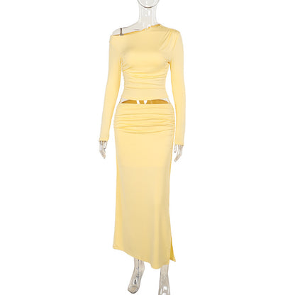 Ruched Bodycon Maxi Skirt Set with Off-the-Shoulder Long Sleeve Top