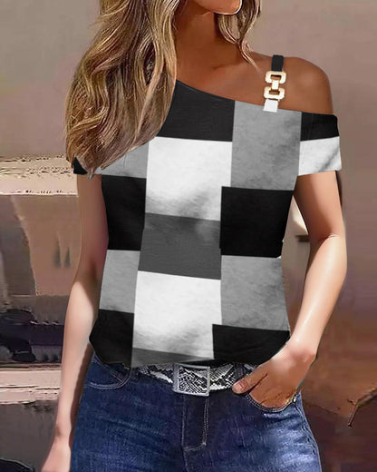 Geometric Print One-Shoulder Top with Metal Buckle