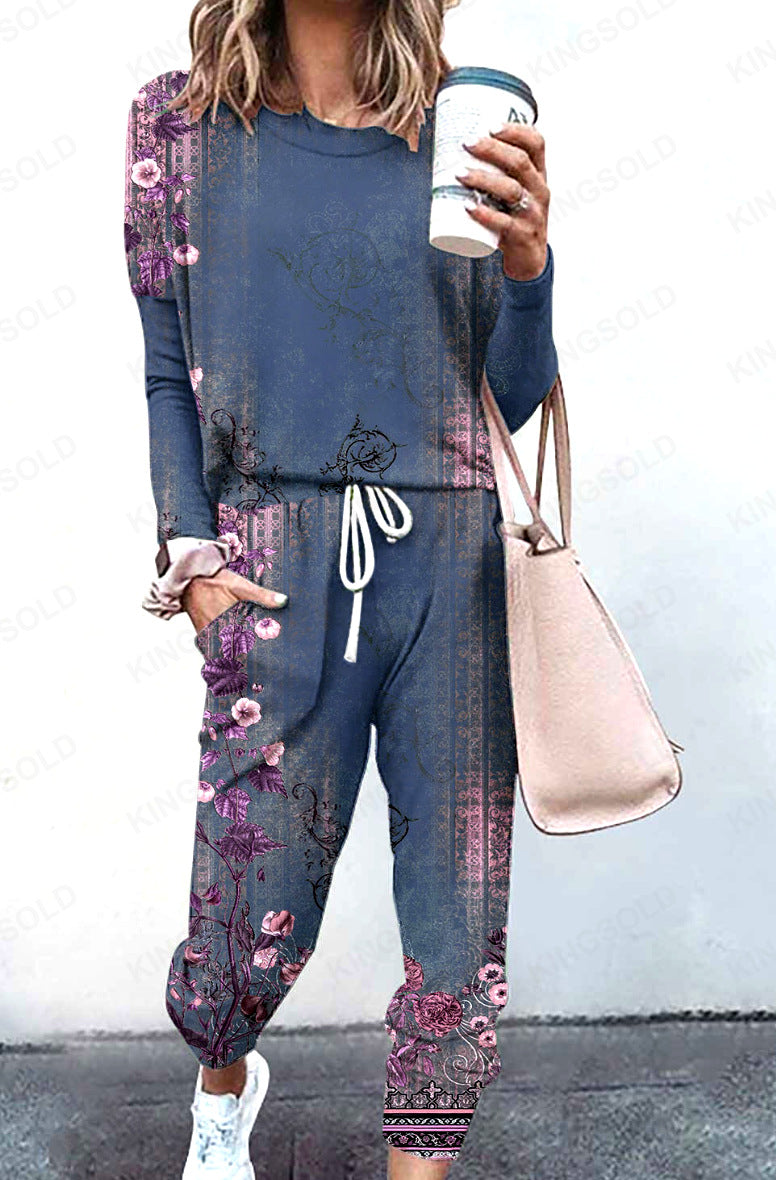 Spliced Long Sleeve Loungewear Set with Jogger Pants