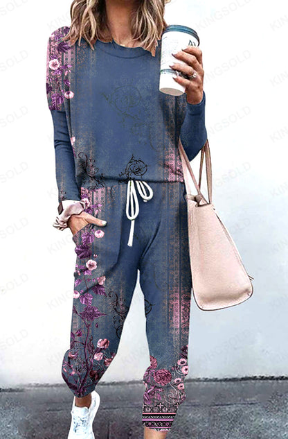Spliced Long Sleeve Loungewear Set with Jogger Pants