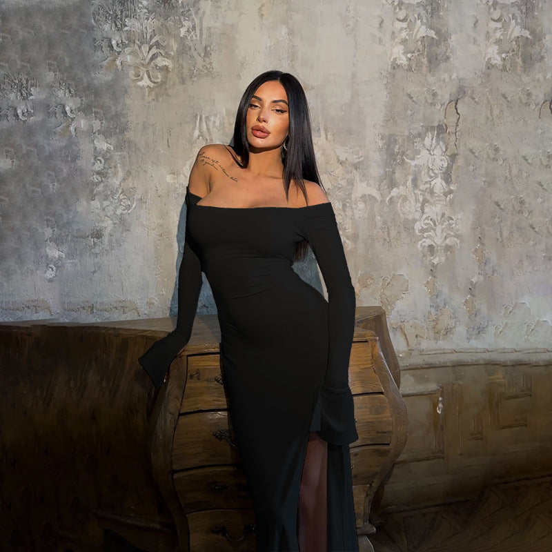 Solid Off-the-Shoulder Bodycon Maxi Dress with High Slit