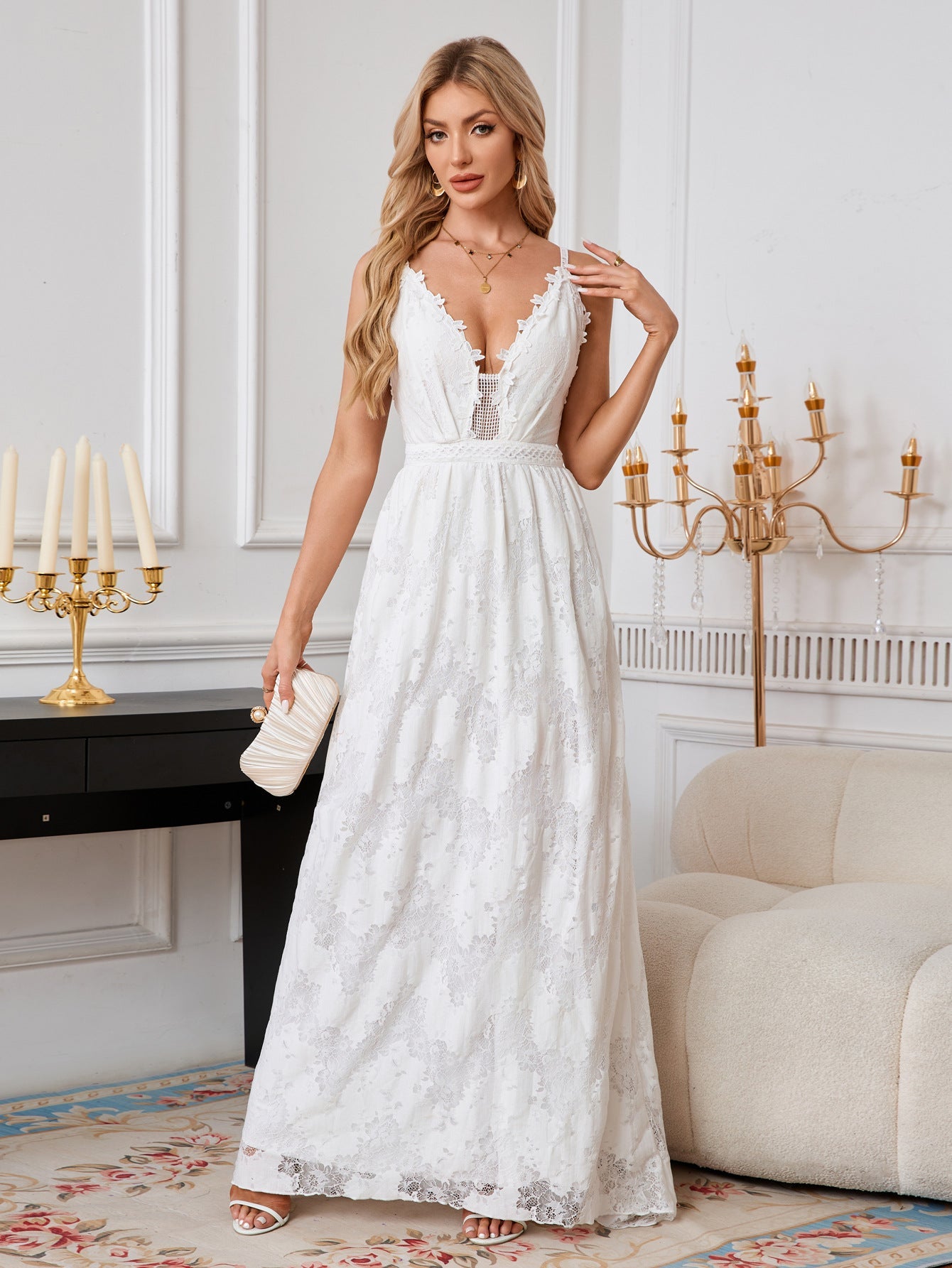 A-Line Lace Maxi Dress with Deep V-Neck and Open Back