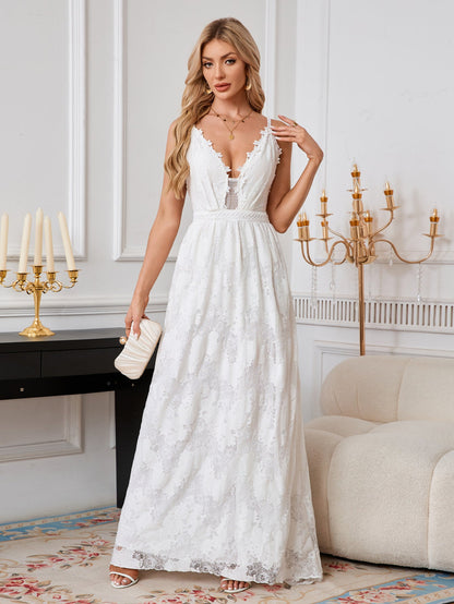 A-Line Lace Maxi Dress with Deep V-Neck and Open Back