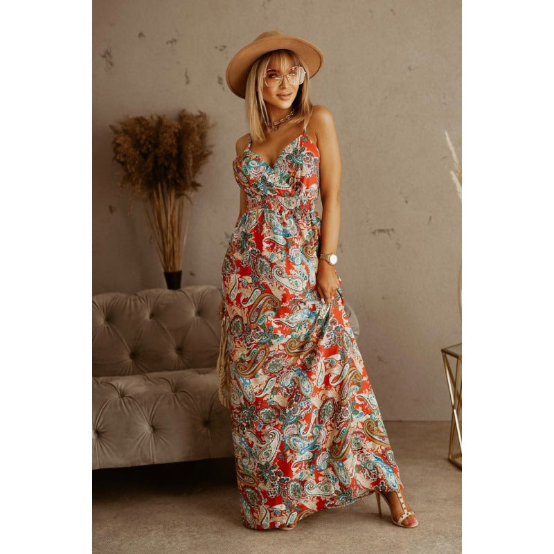 Tropical Print A-Line Maxi Dress with V-Neck and Straps