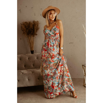 Tropical Print A-Line Maxi Dress with V-Neck and Straps