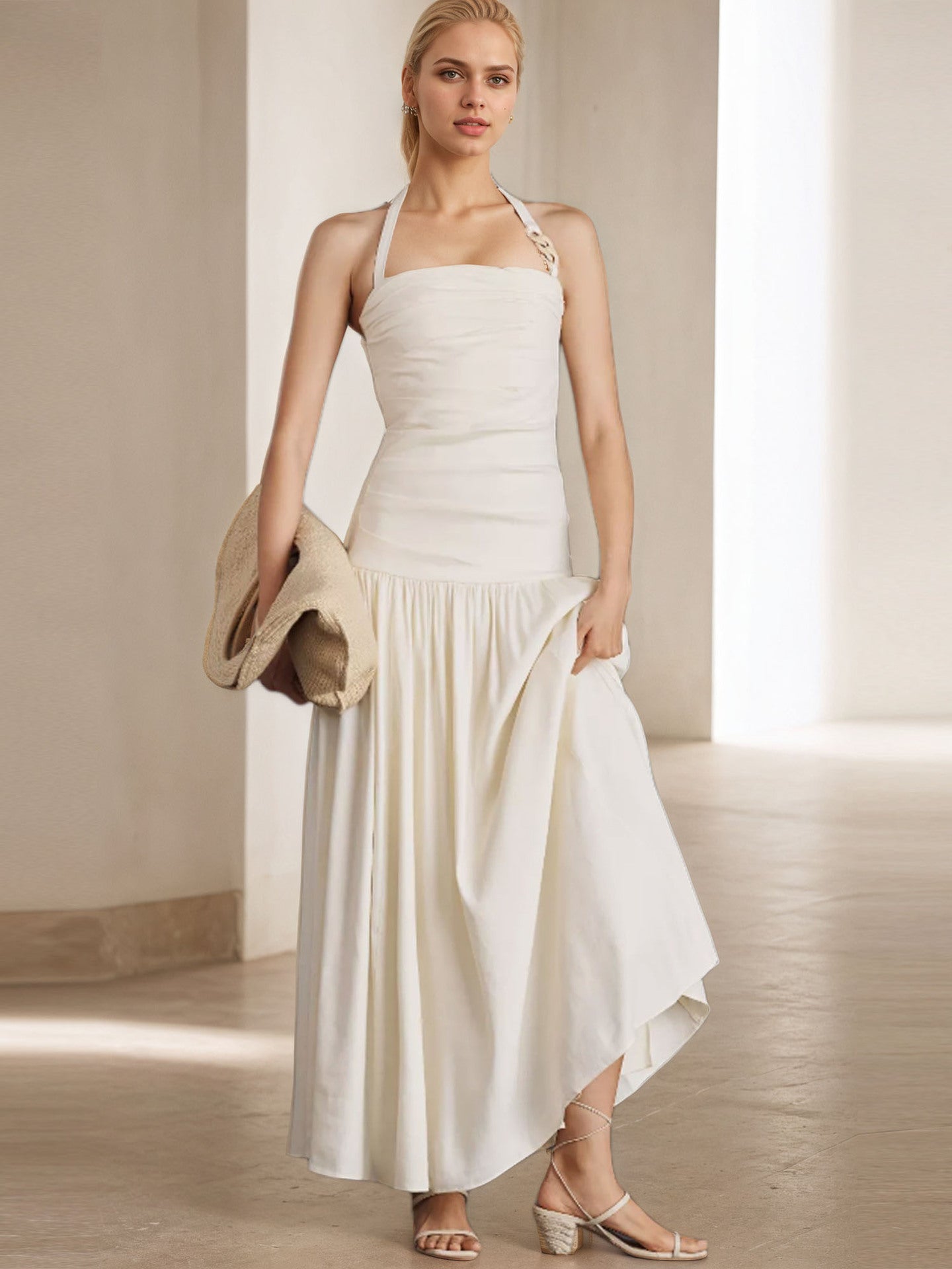 Solid A-Line Maxi Dress with Halterneck and Backless Design