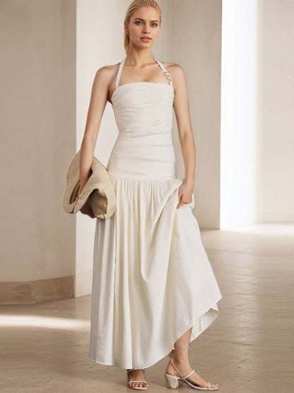 Solid A-Line Maxi Dress with Halterneck and Backless Design