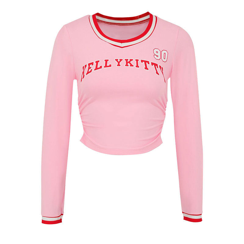 Cropped Long-Sleeve Tee with Letter Print and Striped V-Neck