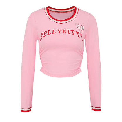 Cropped Long-Sleeve Tee with Letter Print and Striped V-Neck
