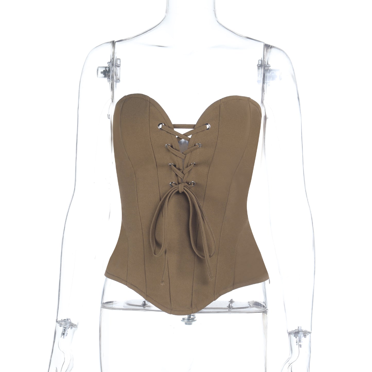 Strapless Lace-Up Corset Tube Top in Solid Khaki