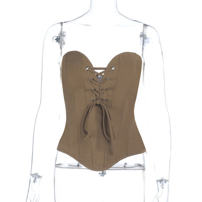 Strapless Lace-Up Corset Tube Top in Solid Khaki