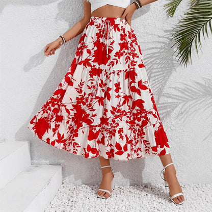 Floral Printed Tiered Maxi Skirt with Drawstring Waist