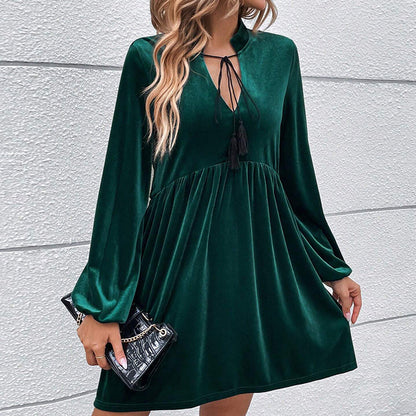 Velvet A-Line Mini Dress with Stand Collar and Bubble Sleeves
