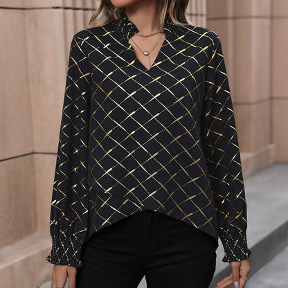 Geometric Foil Print Long Sleeve Blouse with V-Neck