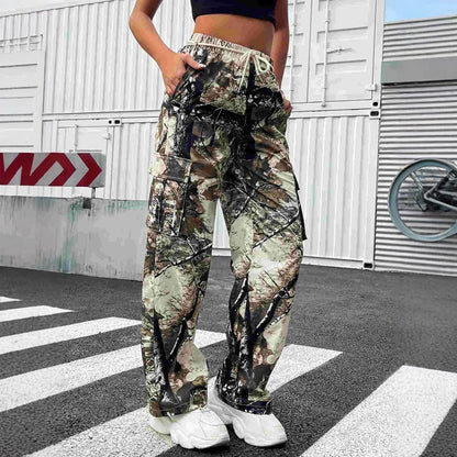 Camouflage Straight-Leg Cargo Pants with High Elastic Waist