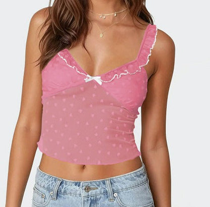 Cropped Heart Mesh Camisole with Lace Trim and Bow Detail
