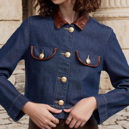 Cropped Denim Jacket with Leather Collar and Gold Buttons