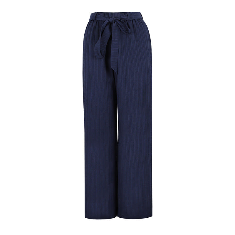 Wide-Leg Textured Trousers with High Waist and Tie Belt
