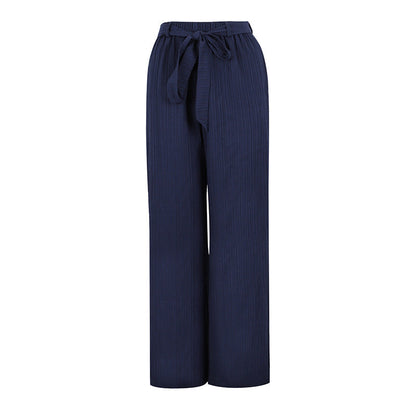 Wide-Leg Textured Trousers with High Waist and Tie Belt