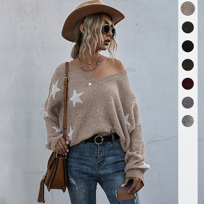 Star Pattern V-Neck Knit Sweater with Batwing Sleeves