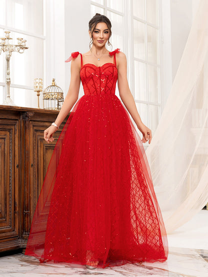 A-Line Tulle Maxi Dress with Sequined Lattice and Bow Straps