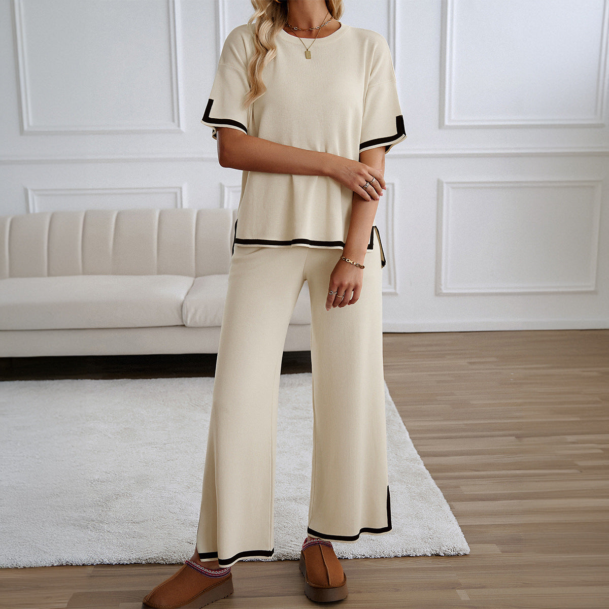 Color Block Two-Piece Set with Short-Sleeve Top and Wide-Leg Pants