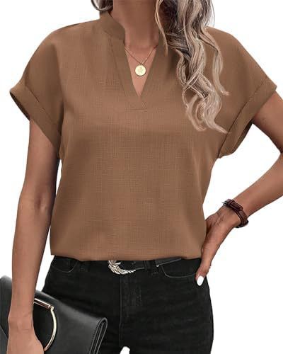 Short Sleeve V-Neck Blouse in Textured Polyester