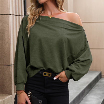 Off-Shoulder Pullover Top with Button Detail