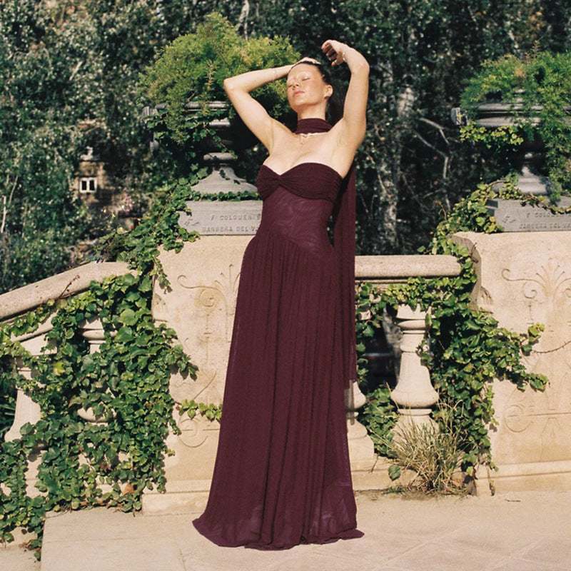 High Waist Strapless Long Fairy Dress With Streamers Solid Color