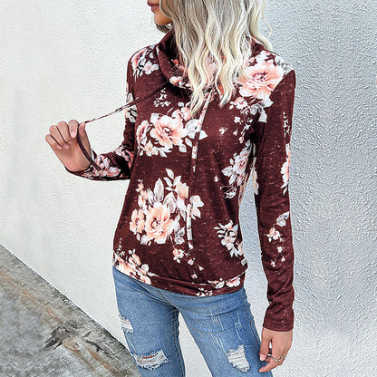 Floral Print Sweatshirt with Cowl Neck and Drawstring