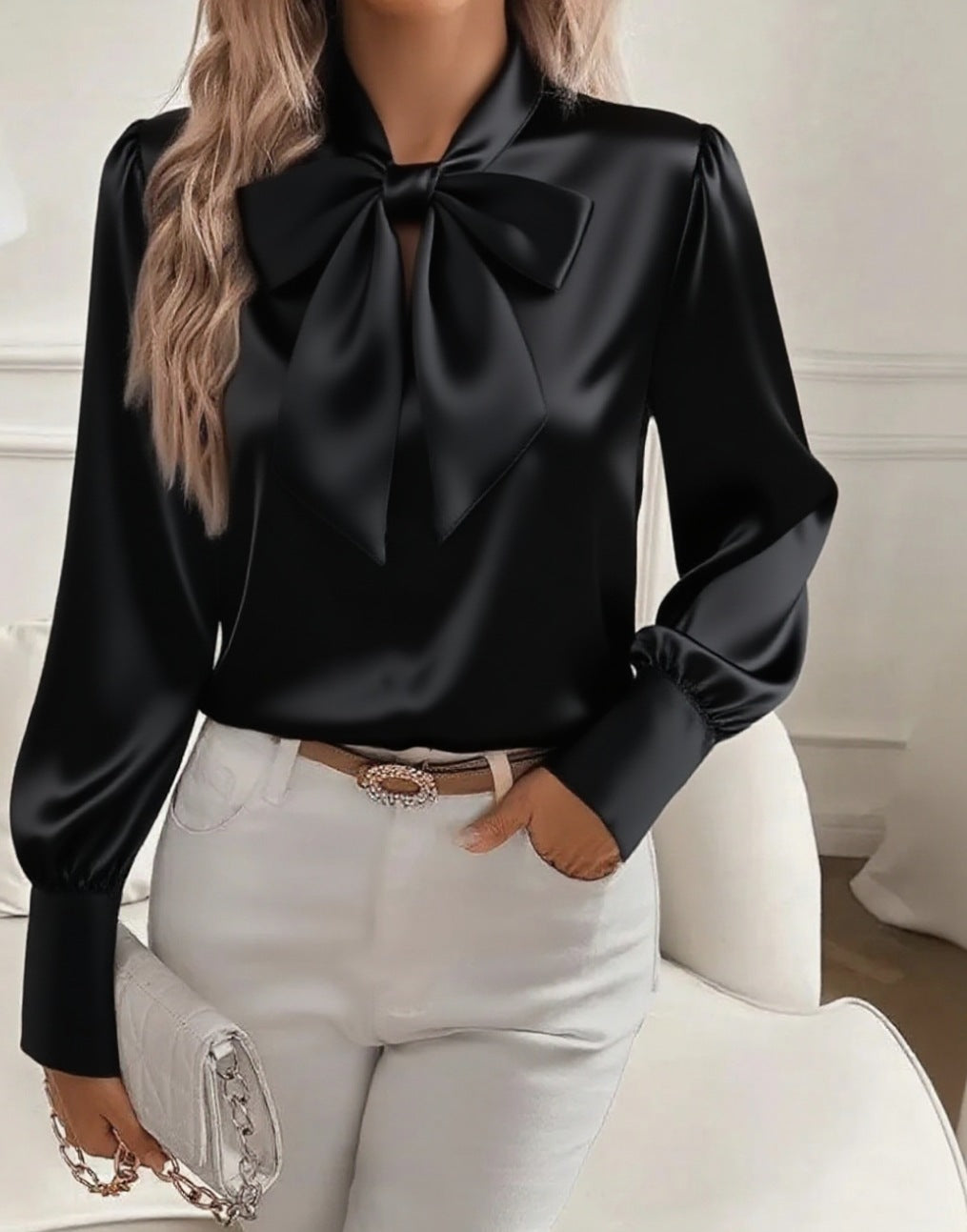 Long Sleeve Satin Blouse with Oversized Bow Collar