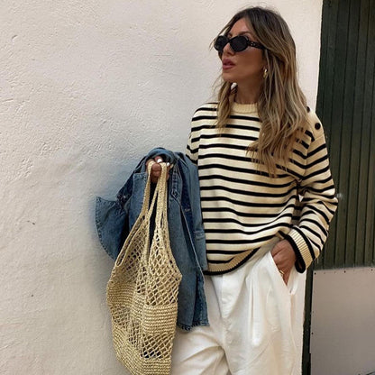 Loose Fit Striped Sweater with Round Neck and Shoulder Buttons
