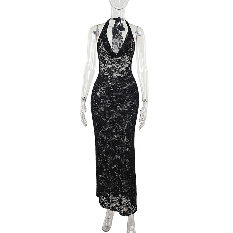 Floral Lace Bodycon Maxi Dress with Cowl Neck and Open Back