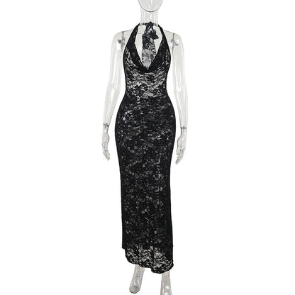 Floral Lace Bodycon Maxi Dress with Cowl Neck and Open Back