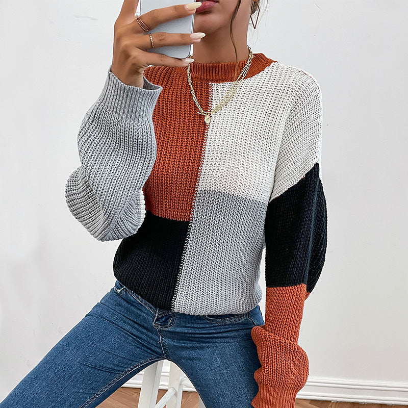 Color-Blocked Pullover Sweater with Semi-High Collar