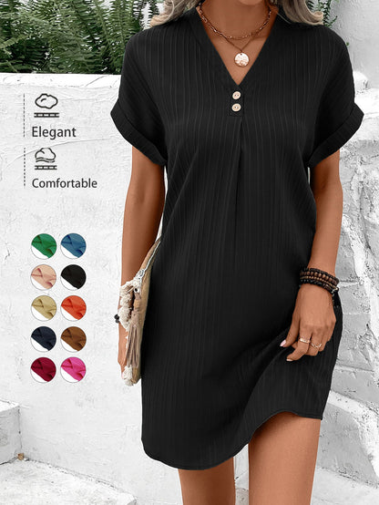 Ribbed A-Line Mini Dress with V-Neck and Button Detail