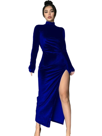 Mock Neck Long Sleeve Bodycon Maxi Dress with High Slit