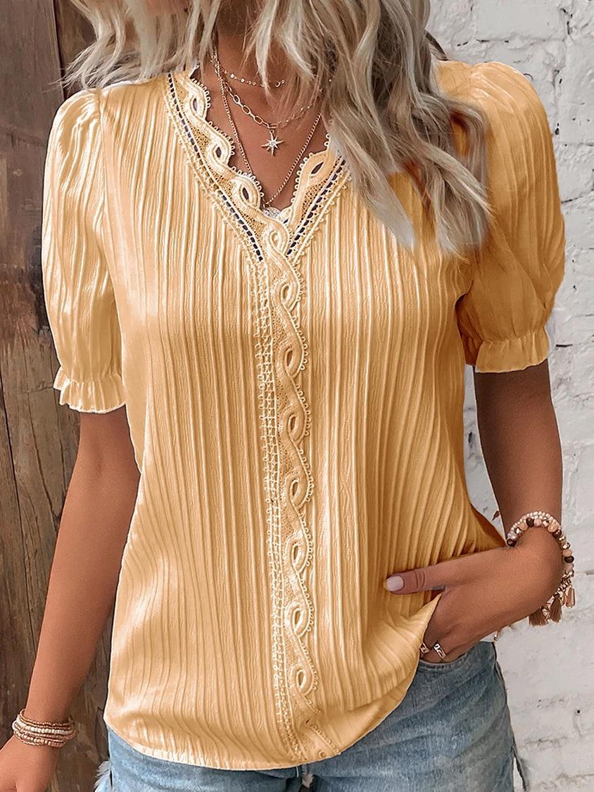 Pleated Short-Sleeve Blouse with Lace V-Neck