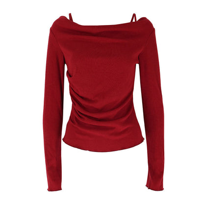 Swing Collar Long-Sleeve Knit Top with Strap Detail