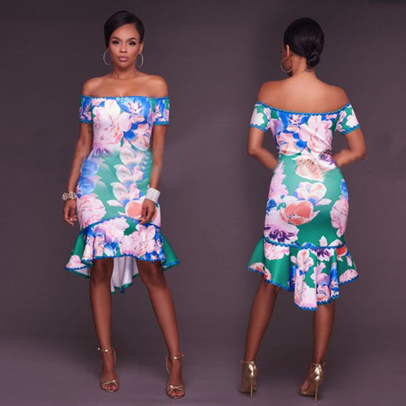 Floral Print Midi Dress with Off-Shoulder and High-Low Ruffle Hem