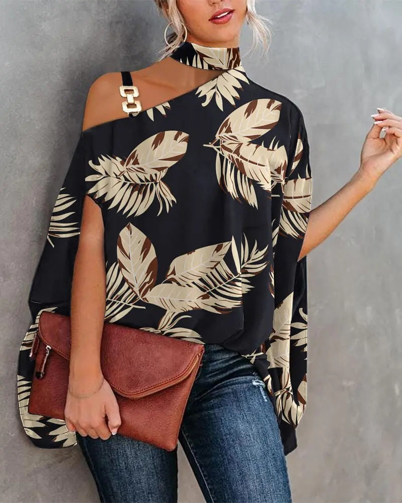 Printed Dolman Sleeve Blouse with Choker Neck and Chain Detail