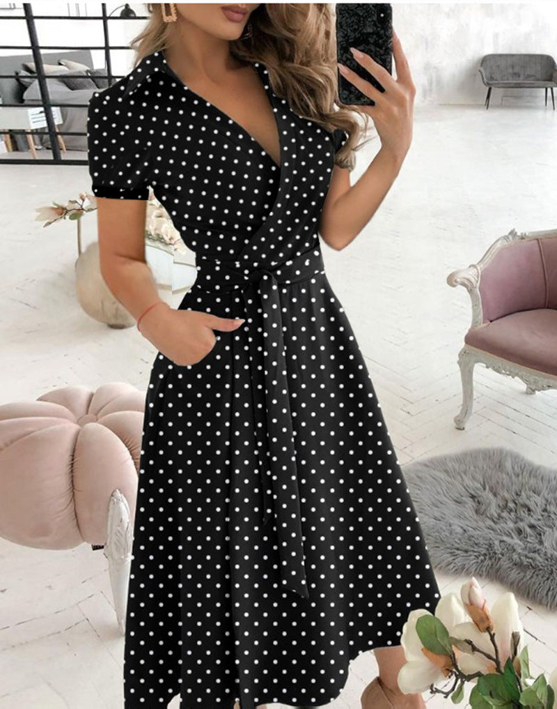 Solid Wrap Midi Dress with Collared V-Neck and Tie-Waist