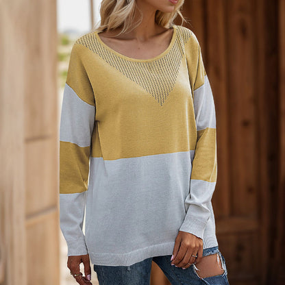 Color-Block Striped Knit Sweater with Pointelle V-Detail