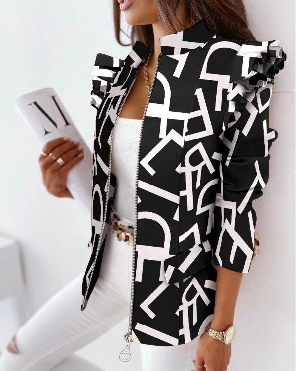 Printed Jacket with Ruffled Shoulders and Zipper Front