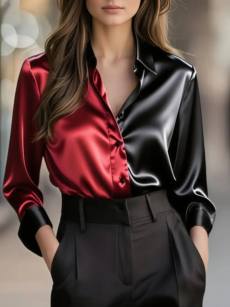 Two-Tone Satin Button-Down Shirt with Lapel Collar