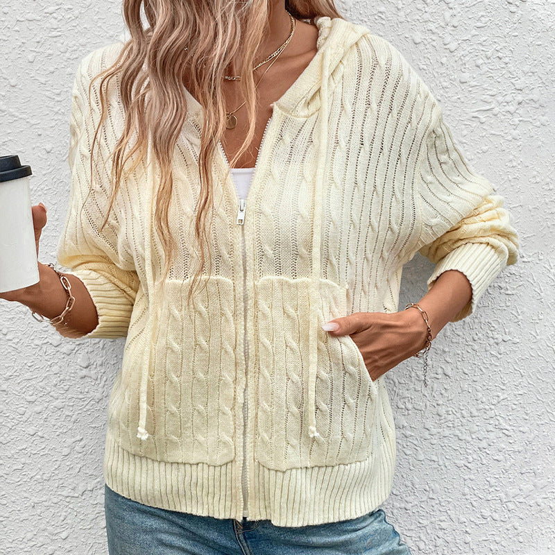 Cable Knit Hooded Cardigan with Zipper Front and Pockets