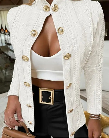 Textured Knit Jacket with Stand Collar and Gold Buttons