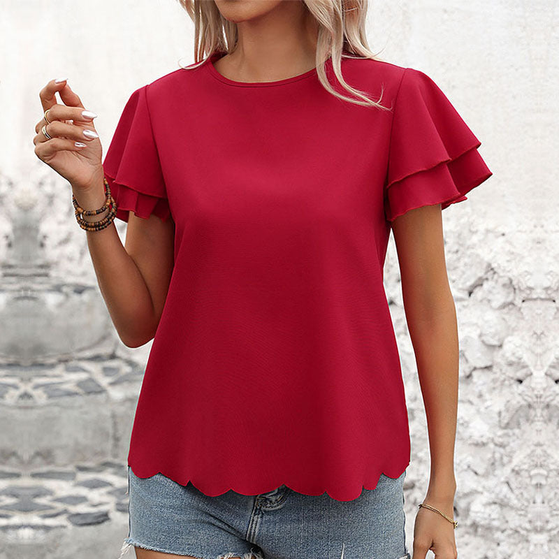 Solid Crewneck Blouse with Tiered Ruffle Sleeves and Scalloped Hem